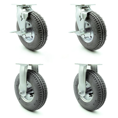 Service Caster 8 Inch Gray Pneumatic Wheel Caster Swivel with Brakes and 2 Rigid SCC, 2PK SCC-100S280-PNB-GRY-TLB-2-R280-2